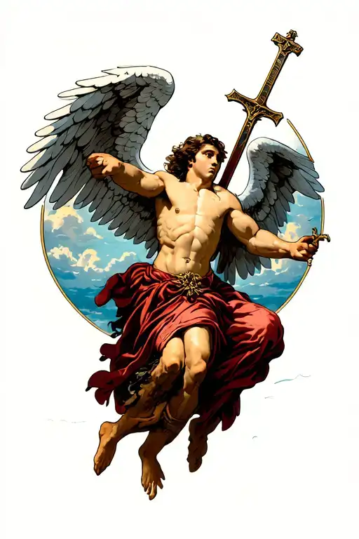 Angel Jumping For His Cross Sword Surrounded By Sky