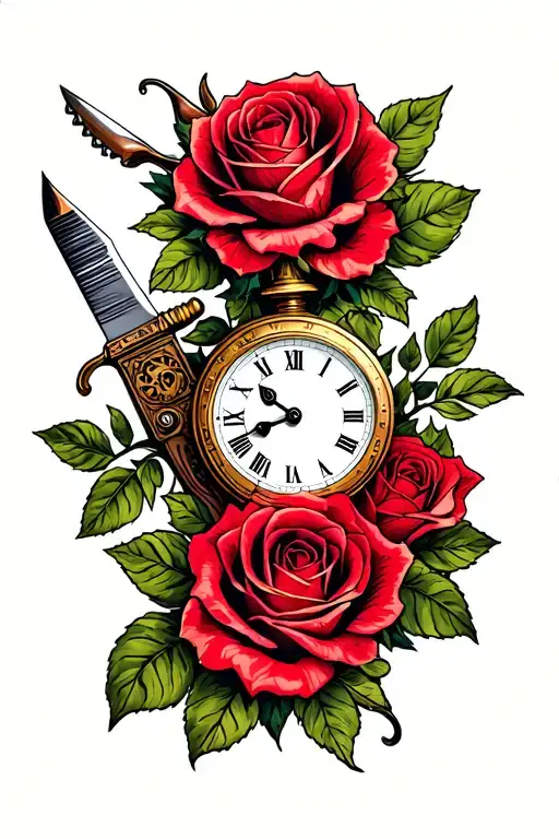 Roses With Clock And Switchblade