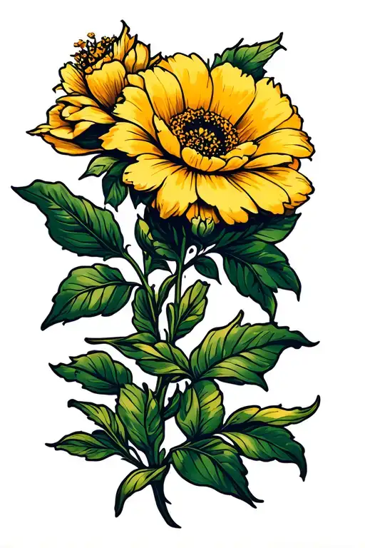 A Big Yellow Mari Gold Flower On Forearm With Robert Lee Cook In Cursive Blackletter Font
