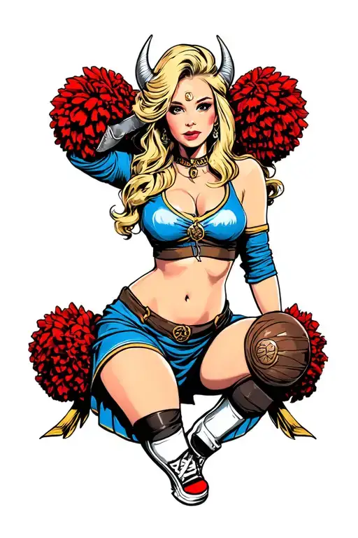 Cheerleader Viking Blonde Young Woman Posing In Short Skirt And Low Cut Top Showing Cleavage