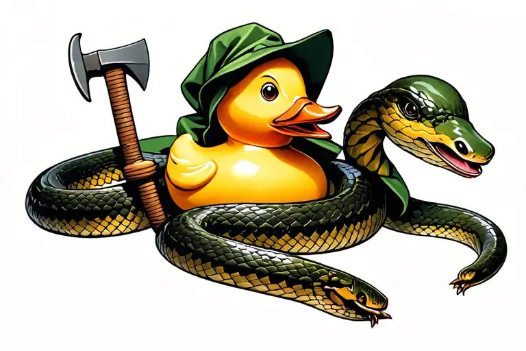 Rubber Duck Cutting The Head Off A Snake With An Ax Slithering While Wearing Green Raincoat