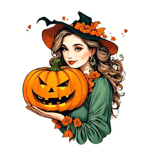 Woman Holding A Pumpkin Halloween Cute