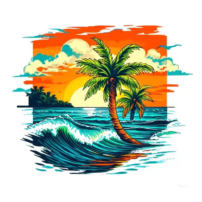 Sunset Palm Trees And Waves