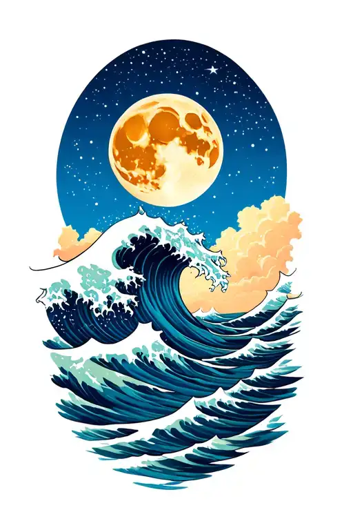 Stary Sky With Moon Over Deep Ocean With Big Waves Bright Blue Colors