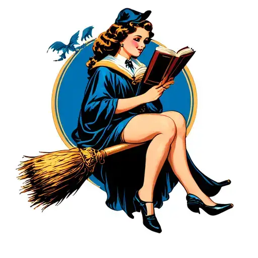 Pin Up Girl Riding A Broom And Reading A Book Wearing Just An Open Ravenclaw Robe