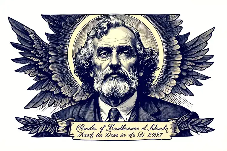 Self Portrait Of My Grandfather With A Halo Watching From Above With Dates Written Below Him