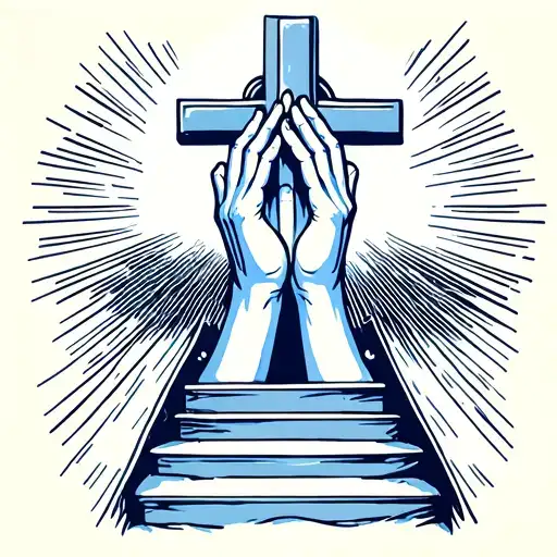 Prayer Hands In Front Of A Cross With Stairs To Heaven Behind With Ligh Shining