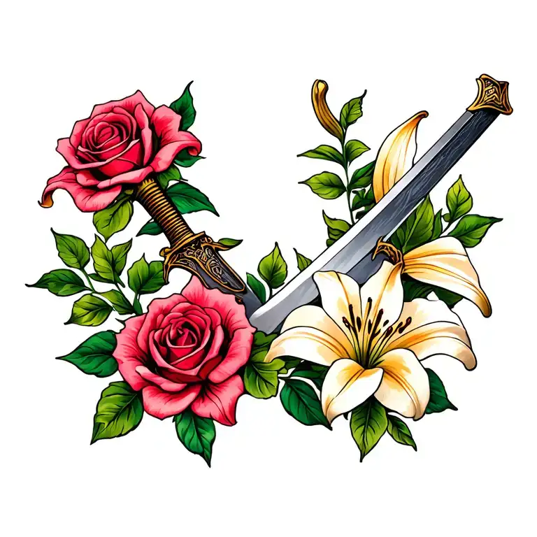 Sword And Lily And Rose Flower