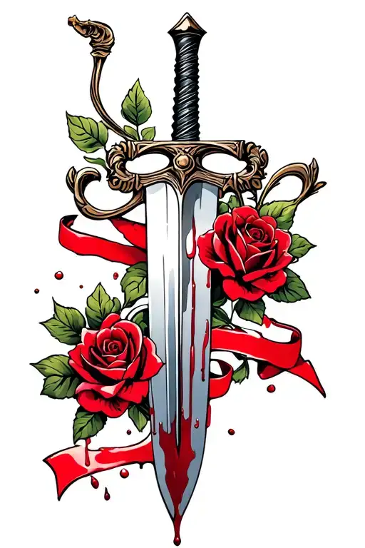 Sword With Back And Red Roses Around It With A Ribbon And Blood Dripping From The Tip Of The Sword