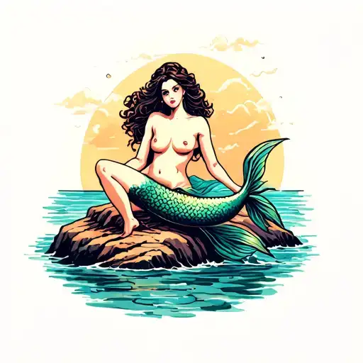 Topless Sensual Mermaid Sitting On A Rock