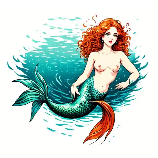 Topless Sensual Mermaid Redhead Swimming Underwater