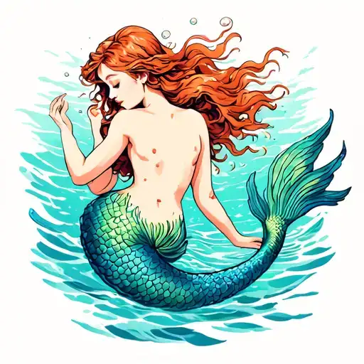 Topless Sensual Mermaid Large Breastsredhead Swimming Underwater
