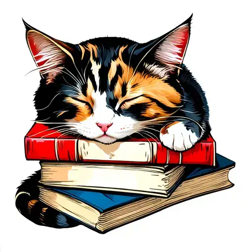 Calico Cat Sleeping On Books Stacked