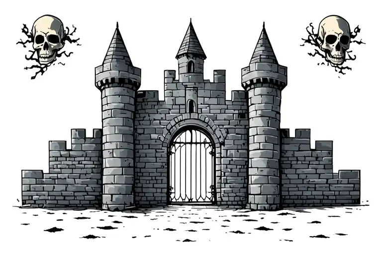Castle Walls With A Gate Upfront With Skulls As The Castle Walls
