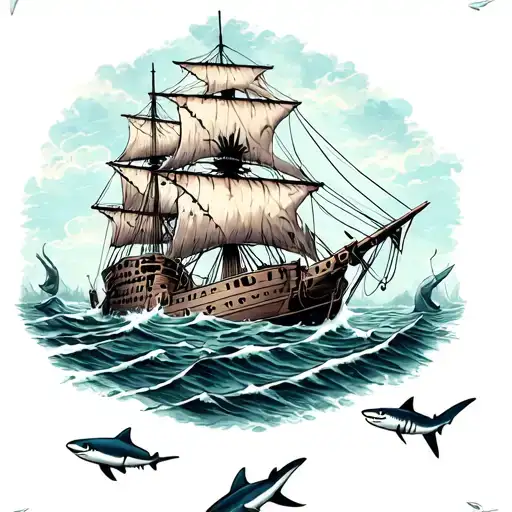 Sunken Sail Ship On Bottom Of The Sea With Sharks Swimming