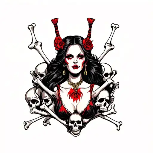Evil Woman Surrounded By Bones And Skulls