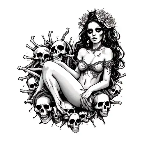 Evil Woman Surrounded By Bones And Skulls