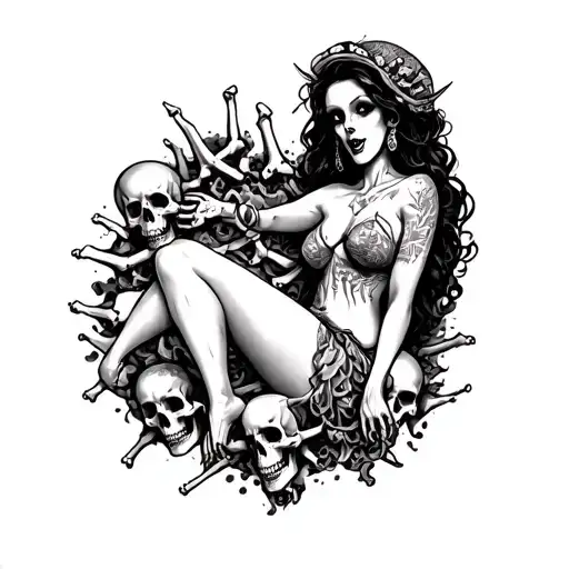 Evil Woman Surrounded By Bones And Skulls