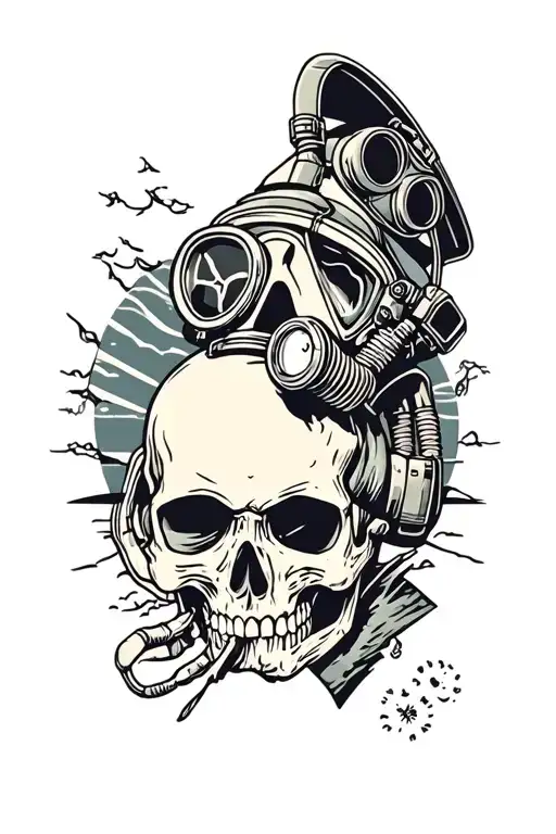 Skull With Pilot Oxygen Mask Admiring A Sunset