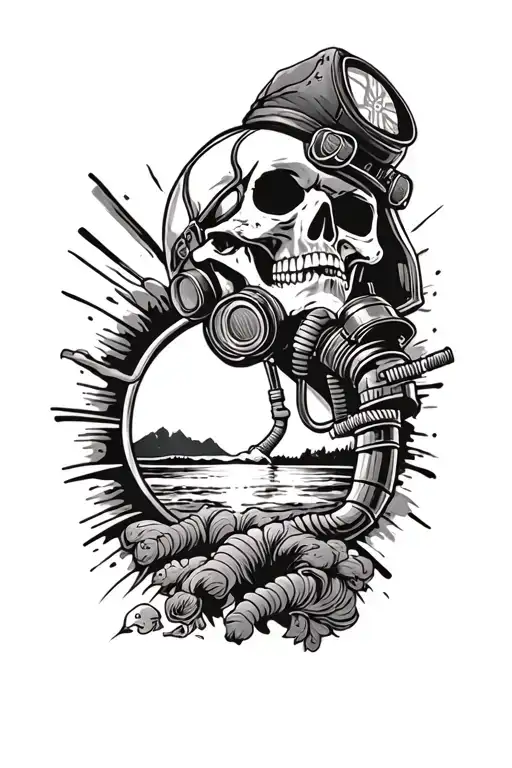 Skull Wearing Pilot Oxygen Mask Admiring A Sunset Scene