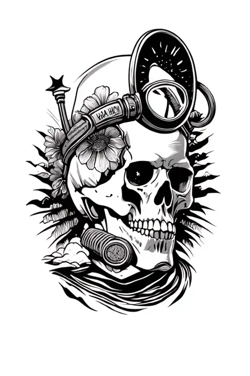 Skull Wearing Halo Haho Oxygen Mask Admiring A Sunset Scene