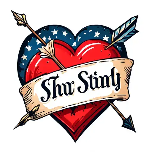 Name Inside A Heart Circus Style Tattoo Featuring Arrow