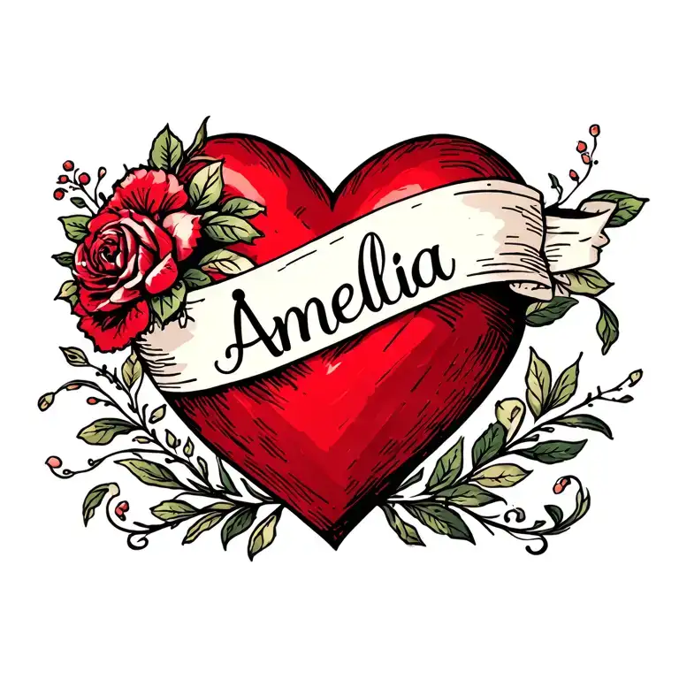 Red Heart With White Band And Name Amelia