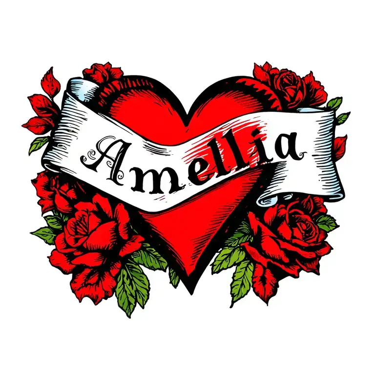 Red Heart With White Band And Name Amelia
