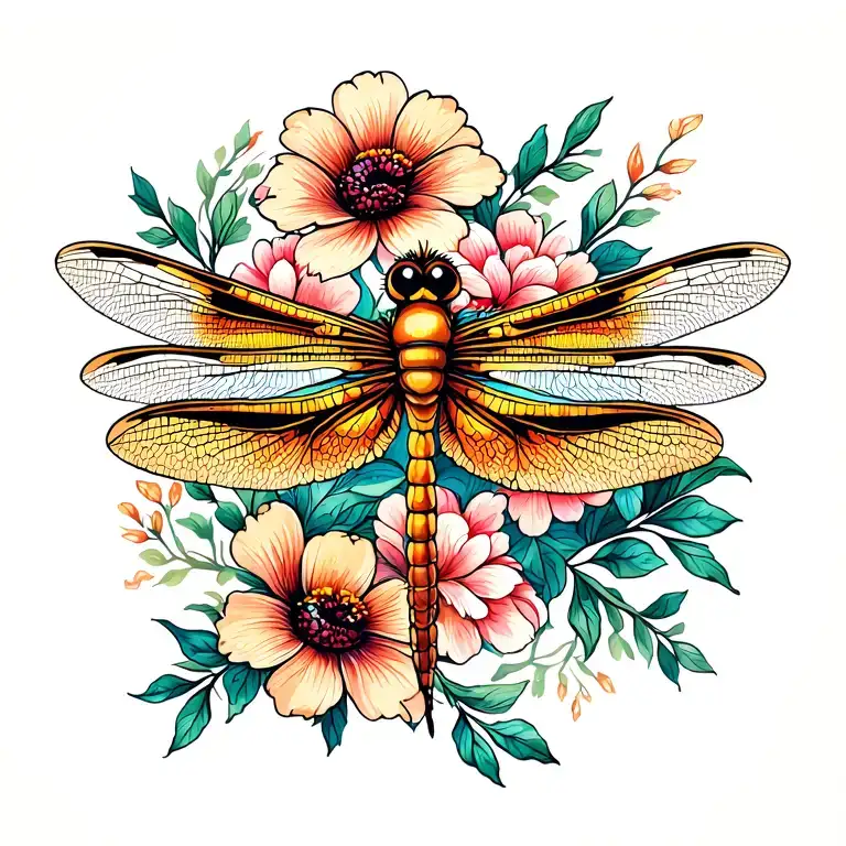Dragon Fly With Flowers