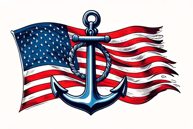 Navy Anchor Combined With American Flag Waving