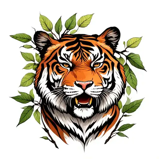 Tiger And Willow Tree Leaves Intertwined