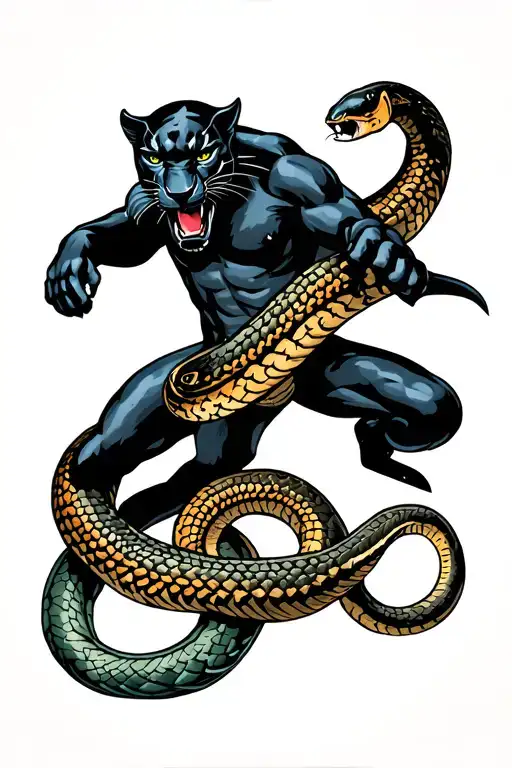 Black Panther Fighting With A Snake Around Him