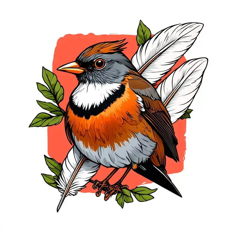 Robin And 3 White Feathers