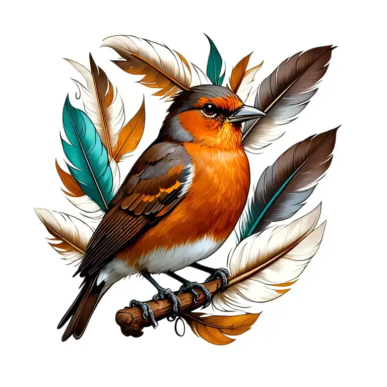 Robin And 3 White Feathers