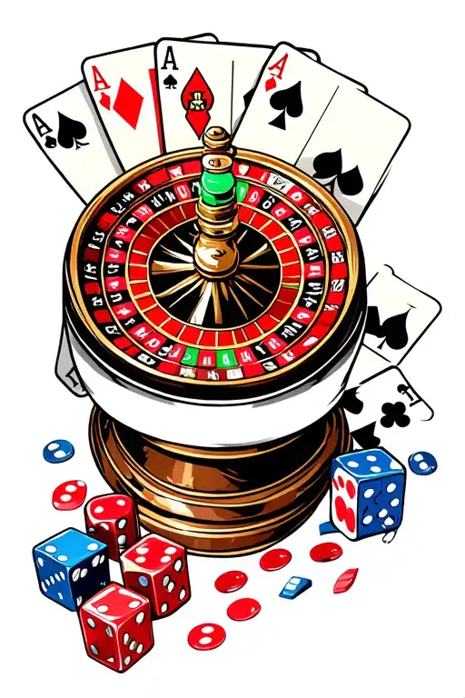 Roulette Wheel With Dice Rolling And Playing Cards
