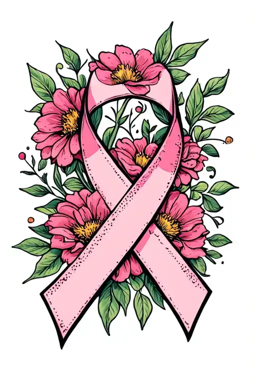 Breast Cancer Ribbon With Flowers Intertwined