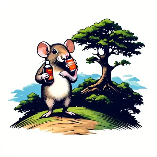 Gus Gus The Mouse Holding A Bottle Of Soy Sauce While Standing On A Hill With One Tree On It