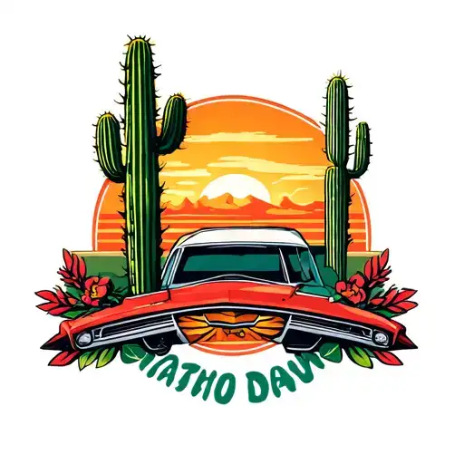 American Cactus With Sunset And Racing Style Wreath Wrapped Around The Boarder