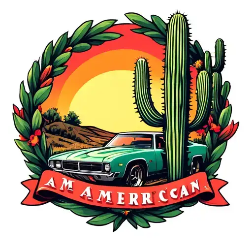 Americana Cactus With Sunset And Racing Style Wreath Wrapped Around The Boarder