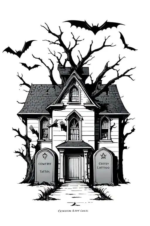 Cemetery Building With Dead Trees And Bats Flying With Hands Sticking Out 3 Graves