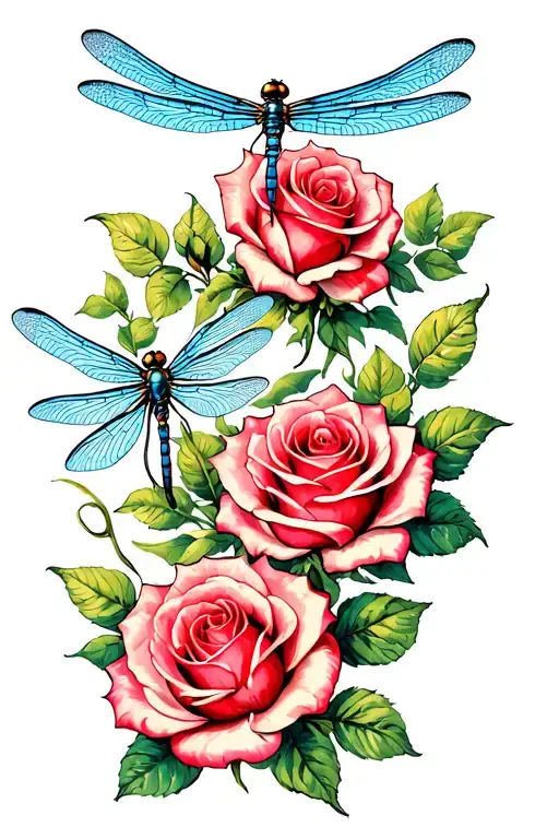Three Roses And Blue Dragonfly