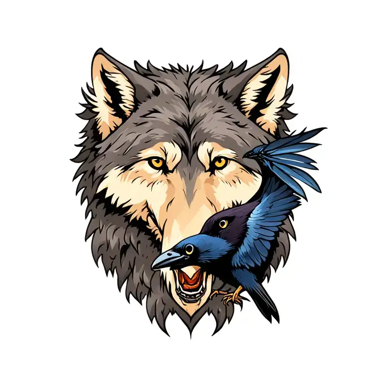 Wolf In The Mouth Has A Stone And A Raven With A Feather In The Beak