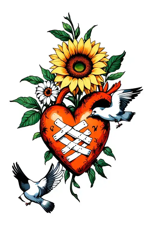 Orange Heart With Bandages On It And Doves And Sunflower