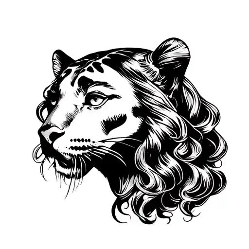 A Woman's Face That Appeared With Long Wavy Hair Above A Handling Panther's Head