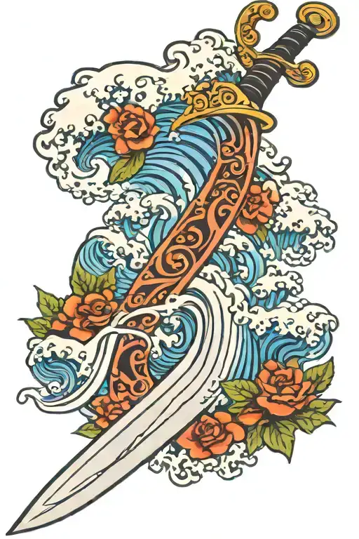 Sword In Front Of A Tsumani Wave Crashing