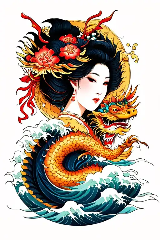 Japanese Dragon With A Geisha And Waves