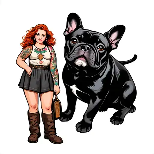 A Redhaired Young Woman Standing Next To A Black French Bulldog