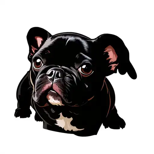 A Redhaired Young Woman Standing Next To A Little Black French Bulldog