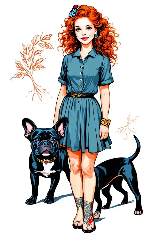 A Redhaired Young Woman Standing Next To A Little Black French Bulldog