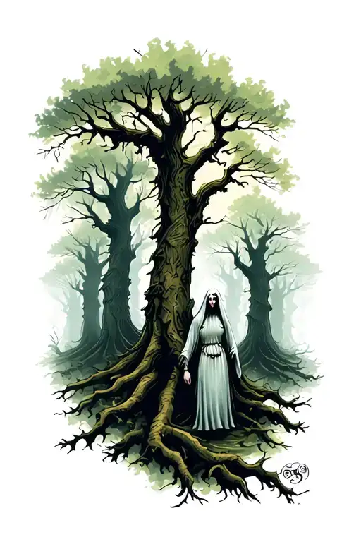 A Haunting Forest With Ghostly Figures And Eerie Fog Swirling Around The Trees